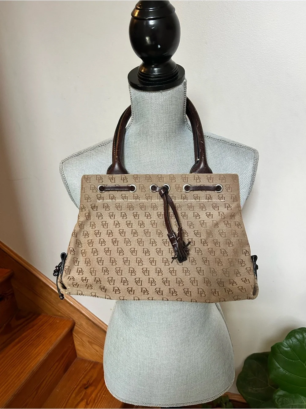 Dooney & Bourke Beige Monogram Drawstring Shoulder Bag with Dark Brown Trim